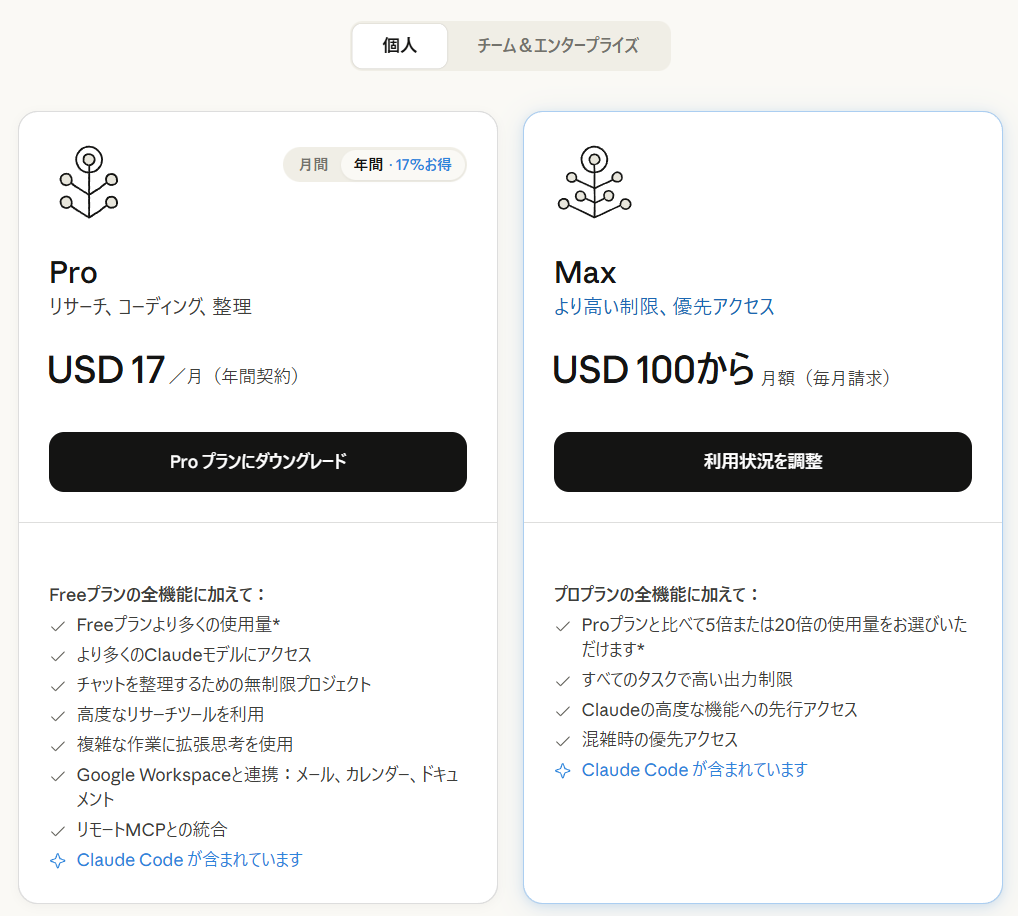 契約タイプの選択画面